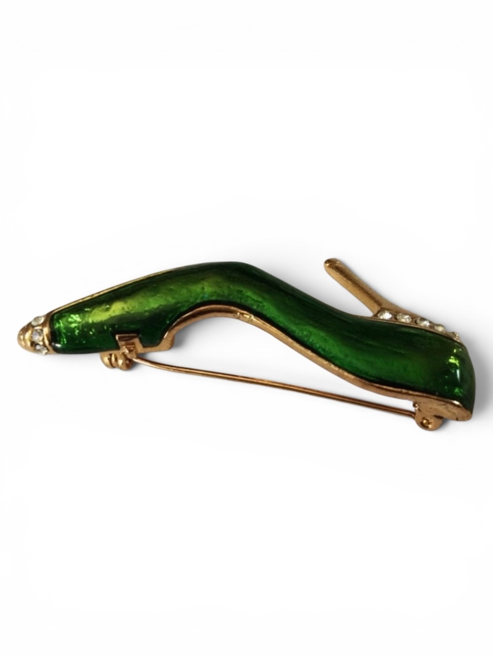 Vintage Green Enamel High‑Heel Shoe Brooch - Gold‑Tone w/ Rhinestones - Picture 6 of 11
